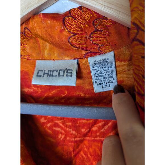 Chico’s Silk Organza Rust Orange Autumn Floral Button Up Top Women L Sz 2 Artsy - Picture 5 of 14